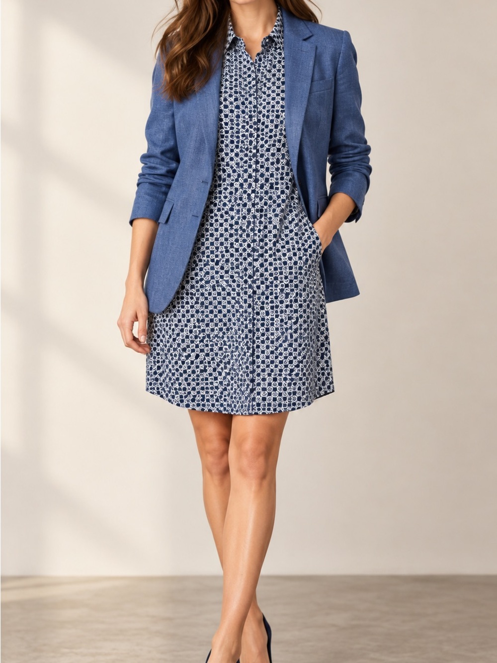 J.Crew Navy White Geometric Print Short Sleeve Shirt Dress Size 6